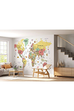 Oxyteez   Dünya Haritası Renkli Duvar Kağıdı Detaylı İngilizce Dünya Haritası -3209 3209