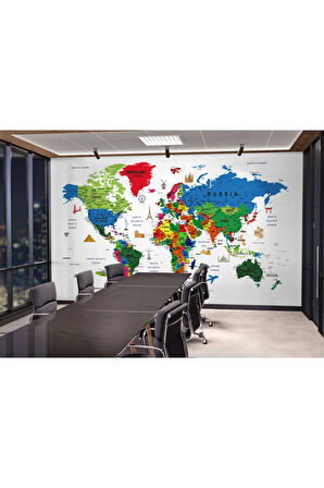Oxyteez   Dünya Haritası Renkli Duvar Kağıdı Detaylı İngilizce Dünya Haritası -3227 3227