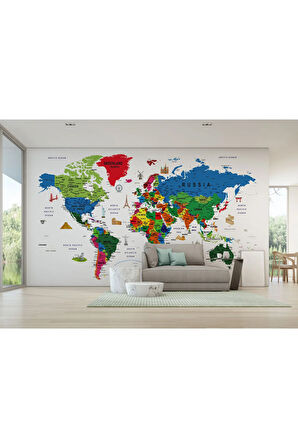 Oxyteez   Dünya Haritası Renkli Duvar Kağıdı Detaylı İngilizce Dünya Haritası -3227 3227