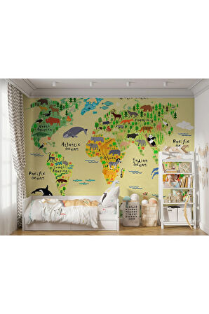 Oxyteez   Çocuk ve Bebek Odası Duvar Kağıdı Hayvanlar Alemi Eğitici Dünya Haritası-3772 3772