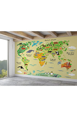Oxyteez   Çocuk ve Bebek Odası Duvar Kağıdı Hayvanlar Alemi Eğitici Dünya Haritası-3772 3772