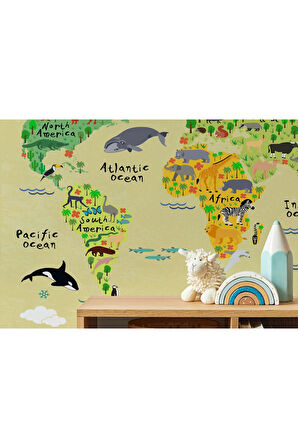 Oxyteez   Çocuk ve Bebek Odası Duvar Kağıdı Hayvanlar Alemi Eğitici Dünya Haritası-3772 3772