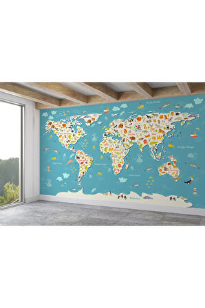 Oxyteez   Dünya Haritası Çocuk Ve Bebek Odası Hayvanlar Alemi Duvar Kağıdı-3776 3776