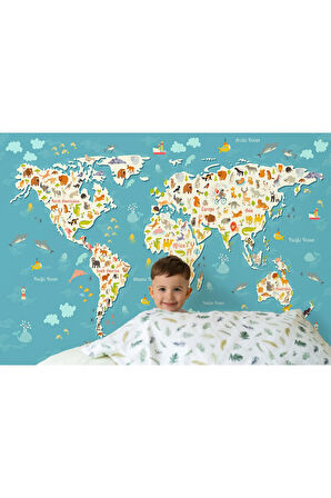 Oxyteez   Dünya Haritası Çocuk Ve Bebek Odası Hayvanlar Alemi Duvar Kağıdı-3776 3776