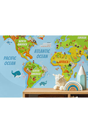 Oxyteez   Dünya Haritası Çocuk Ve Bebek Odası Hayvanlar Alemi Duvar Kağıdı-3778 3778
