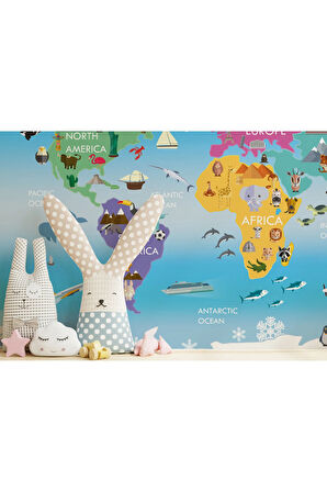 Oxyteez   Dünya Haritası Çocuk Ve Bebek Odası Hayvanlar Alemi Duvar Kağıdı-3779 3779