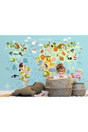 Oxyteez   Dünya Haritası Çocuk Ve Bebek Odası Hayvanlar Alemi Duvar Kağıdı-3782 3782