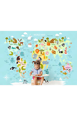 Oxyteez   Dünya Haritası Çocuk Ve Bebek Odası Hayvanlar Alemi Duvar Kağıdı-3782 3782