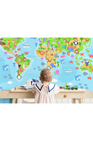 Oxyteez   Dünya Haritası Çocuk Ve Bebek Odası Hayvanlar Alemi Duvar Kağıdı-3783 3783