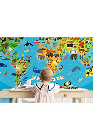 Oxyteez   Dünya Haritası Çocuk Ve Bebek Odası Hayvanlar Alemi Duvar Kağıdı-3788 3788