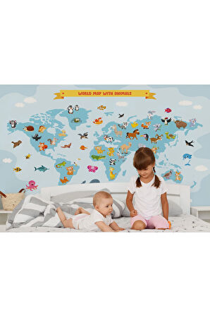 Oxyteez   Dünya Haritası Çocuk Ve Bebek Odası Hayvanlar Alemi Duvar Kağıdı-3791 3791