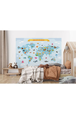 Oxyteez   Dünya Haritası Çocuk Ve Bebek Odası Hayvanlar Alemi Duvar Kağıdı-3791 3791