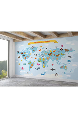 Oxyteez   Dünya Haritası Çocuk Ve Bebek Odası Hayvanlar Alemi Duvar Kağıdı-3791 3791