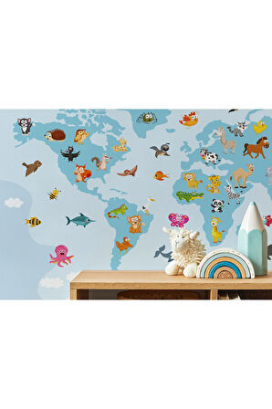 Oxyteez   Dünya Haritası Çocuk Ve Bebek Odası Hayvanlar Alemi Duvar Kağıdı-3791 3791