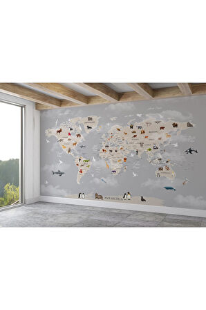 Oxyteez   Dünya Haritası Çocuk Ve Bebek Odası Hayvanlar Alemi Duvar Kağıdı-3793 3793