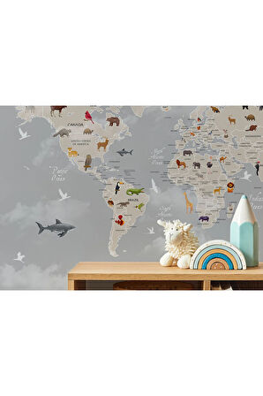 Oxyteez   Dünya Haritası Çocuk Ve Bebek Odası Hayvanlar Alemi Duvar Kağıdı-3793 3793