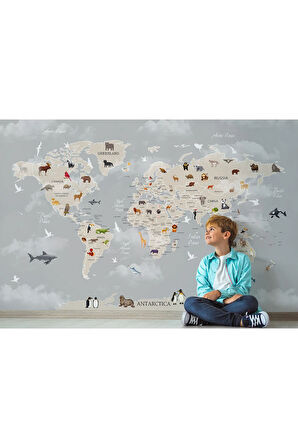 Oxyteez   Dünya Haritası Çocuk Ve Bebek Odası Hayvanlar Alemi Duvar Kağıdı-3793 3793