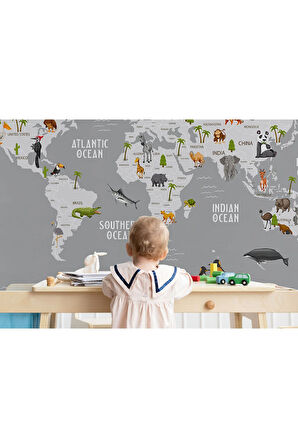 Oxyteez   Dünya Haritası Çocuk Ve Bebek Odası Hayvanlar Alemi Duvar Kağıdı-3794 3794