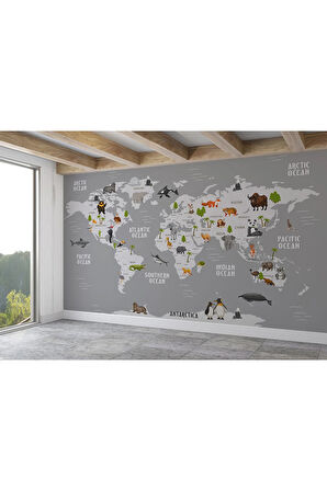 Oxyteez   Dünya Haritası Çocuk Ve Bebek Odası Hayvanlar Alemi Duvar Kağıdı-3794 3794