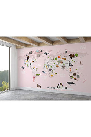 Oxyteez   Dünya Haritası Çocuk Ve Bebek Odası Hayvanlar Alemi Duvar Kağıdı-3795 3795