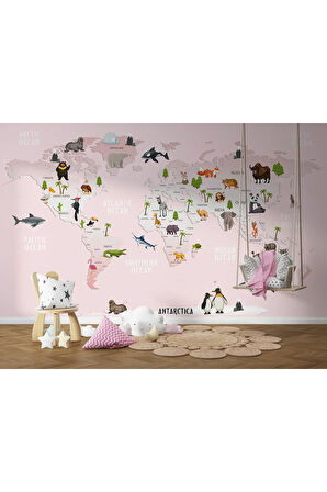 Oxyteez   Dünya Haritası Çocuk Ve Bebek Odası Hayvanlar Alemi Duvar Kağıdı-3795 3795