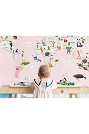 Oxyteez   Dünya Haritası Çocuk Ve Bebek Odası Hayvanlar Alemi Duvar Kağıdı-3795 3795
