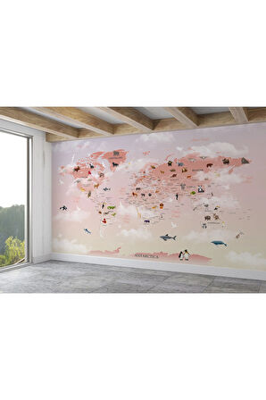 Oxyteez   Dünya Haritası Çocuk Ve Bebek Odası Hayvanlar Alemi Duvar Kağıdı-3799 3799