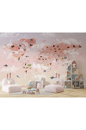 Oxyteez   Dünya Haritası Çocuk Ve Bebek Odası Hayvanlar Alemi Duvar Kağıdı-3799 3799