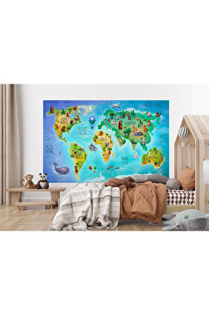 Oxyteez   Dünya Haritası Çocuk Ve Bebek Odası Hayvanlar Alemi Duvar Kağıdı-3800 3800