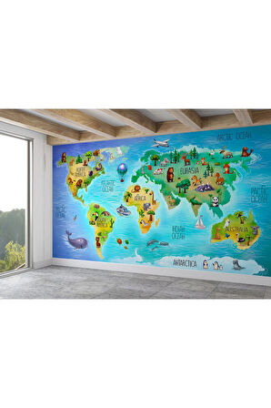 Oxyteez   Dünya Haritası Çocuk Ve Bebek Odası Hayvanlar Alemi Duvar Kağıdı-3800 3800