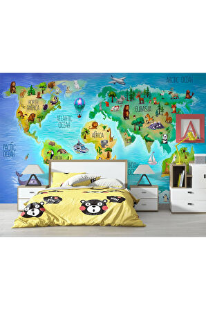 Oxyteez   Dünya Haritası Çocuk Ve Bebek Odası Hayvanlar Alemi Duvar Kağıdı-3800 3800