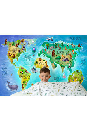 Oxyteez   Dünya Haritası Çocuk Ve Bebek Odası Hayvanlar Alemi Duvar Kağıdı-3800 3800