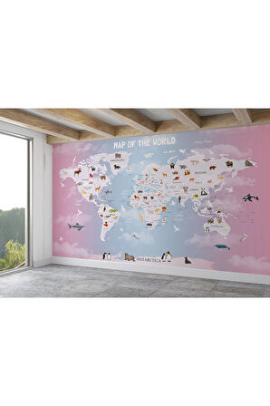 Oxyteez   Dünya Haritası Çocuk Ve Bebek Odası Hayvanlar Alemi Duvar Kağıdı-3801 3801
