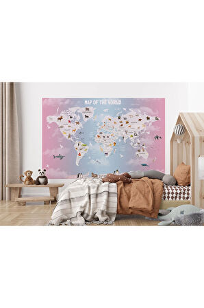 Oxyteez   Dünya Haritası Çocuk Ve Bebek Odası Hayvanlar Alemi Duvar Kağıdı-3801 3801