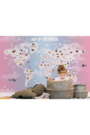Oxyteez   Dünya Haritası Çocuk Ve Bebek Odası Hayvanlar Alemi Duvar Kağıdı-3801 3801