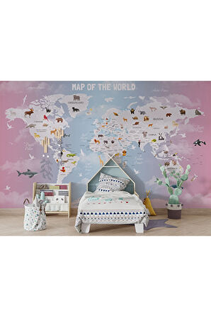 Oxyteez   Dünya Haritası Çocuk Ve Bebek Odası Hayvanlar Alemi Duvar Kağıdı-3801 3801