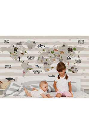 Oxyteez   Dünya Haritası Çocuk Ve Bebek Odası Hayvanlar Alemi Duvar Kağıdı-3803 3803