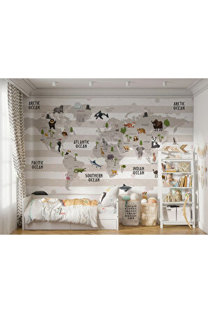 Oxyteez   Dünya Haritası Çocuk Ve Bebek Odası Hayvanlar Alemi Duvar Kağıdı-3803 3803