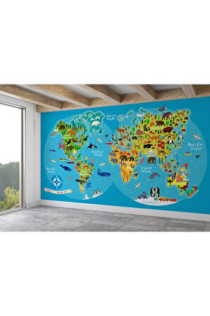 Oxyteez   Dünya Haritası Çocuk Ve Bebek Odası Hayvanlar Alemi Duvar Kağıdı-3805 3805