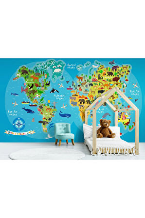 Oxyteez   Dünya Haritası Çocuk Ve Bebek Odası Hayvanlar Alemi Duvar Kağıdı-3805 3805