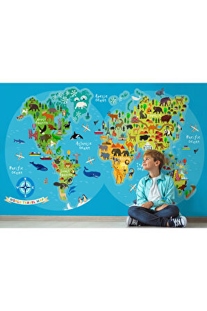 Oxyteez   Dünya Haritası Çocuk Ve Bebek Odası Hayvanlar Alemi Duvar Kağıdı-3805 3805