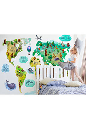 Oxyteez   Dünya Haritası Çocuk Ve Bebek Odası Hayvanlar Alemi Duvar Kağıdı-3807 3807