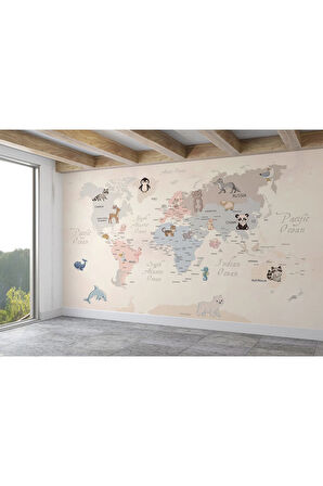 Oxyteez   Dünya Haritası Çocuk Ve Bebek Odası Hayvanlar Alemi Duvar Kağıdı-3809 3809