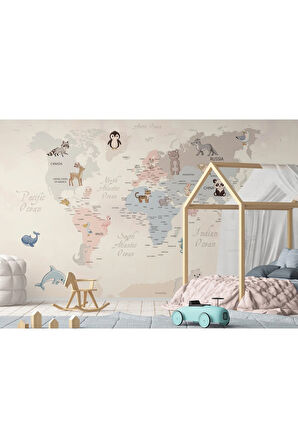 Oxyteez   Dünya Haritası Çocuk Ve Bebek Odası Hayvanlar Alemi Duvar Kağıdı-3809 3809