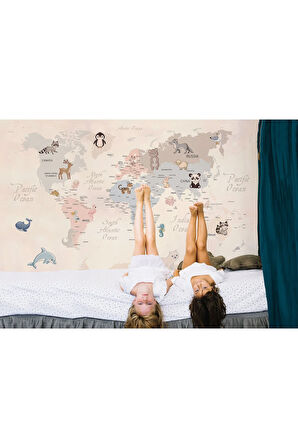 Oxyteez   Dünya Haritası Çocuk Ve Bebek Odası Hayvanlar Alemi Duvar Kağıdı-3809 3809