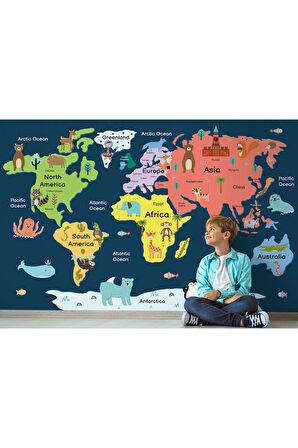 Oxyteez   Dünya Haritası Çocuk Ve Bebek Odası Hayvanlar Alemi Duvar Kağıdı-3810 3810