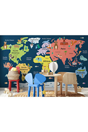 Oxyteez   Dünya Haritası Çocuk Ve Bebek Odası Hayvanlar Alemi Duvar Kağıdı-3810 3810