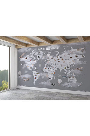 Oxyteez   Dünya Haritası Çocuk Ve Bebek Odası Hayvanlar Alemi Duvar Kağıdı-3811 3811
