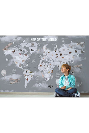 Oxyteez   Dünya Haritası Çocuk Ve Bebek Odası Hayvanlar Alemi Duvar Kağıdı-3811 3811