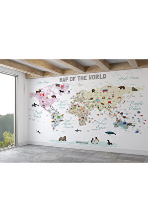 Oxyteez   Dünya Haritası Çocuk Ve Bebek Odası Hayvanlar Alemi Duvar Kağıdı-3813 3813